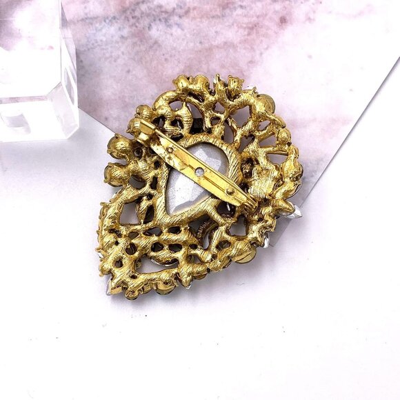 Women's Vintage Austrian Crystal Elegant Flower Teardrop Brooch Gold Tone - Picture 3 of 5